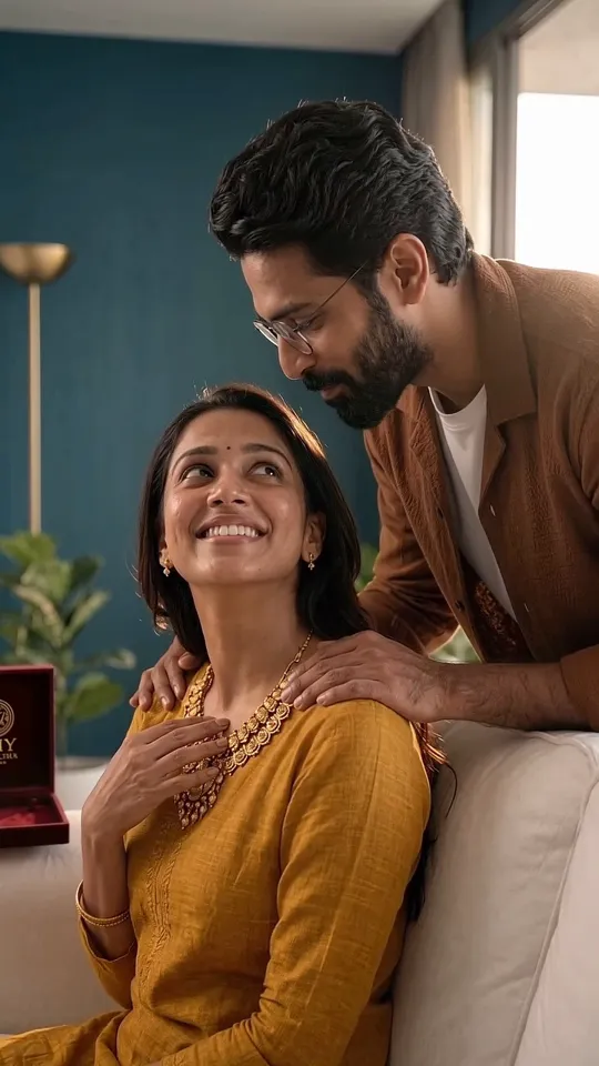 A woman smiles up at her husband as he puts a gold necklace on her, from the DMY Jewellers ad