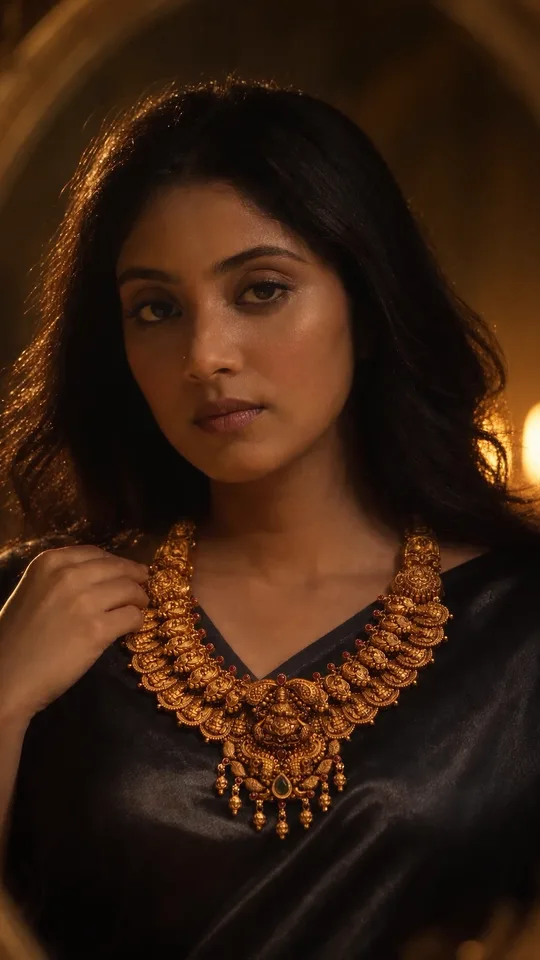 A woman in a black saree wearing a gold temple necklace, by candlelight, from the DMY Jewellers product film