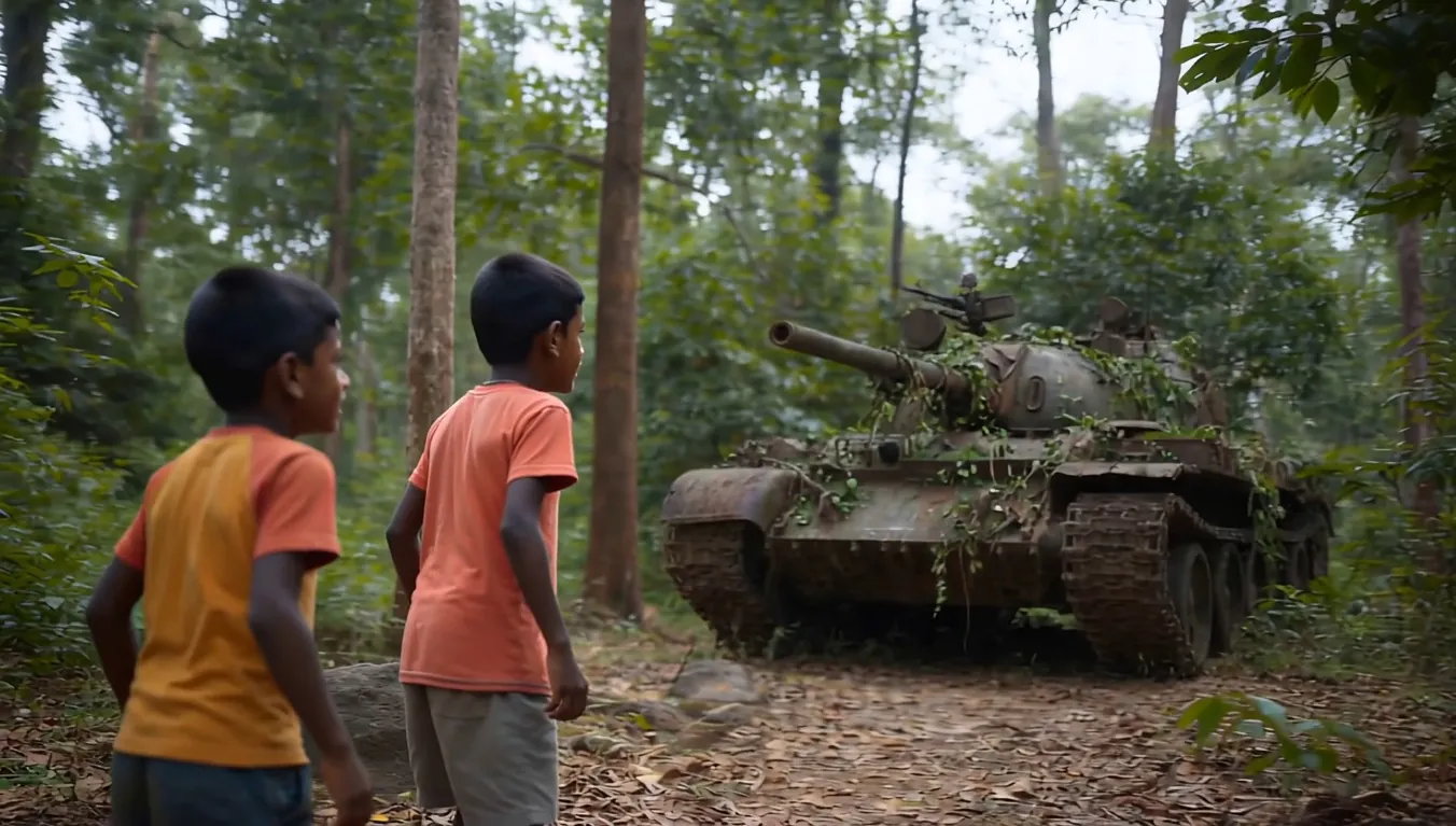 Two boys find an abandoned tank in a forest