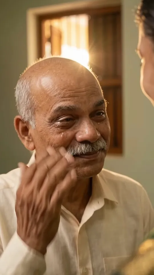 An older man smiles with relief, from the Thanaviruthi Chits ad