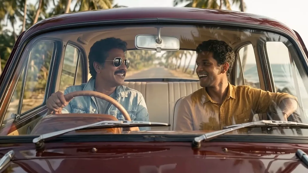 A father in sunglasses and his son laughing in a glossy maroon car by the sea, from the Thanaviruthi Chits ad