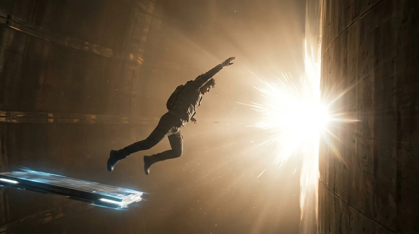 A man leaps toward a burst of light inside a vast chamber, from The Seven Rings